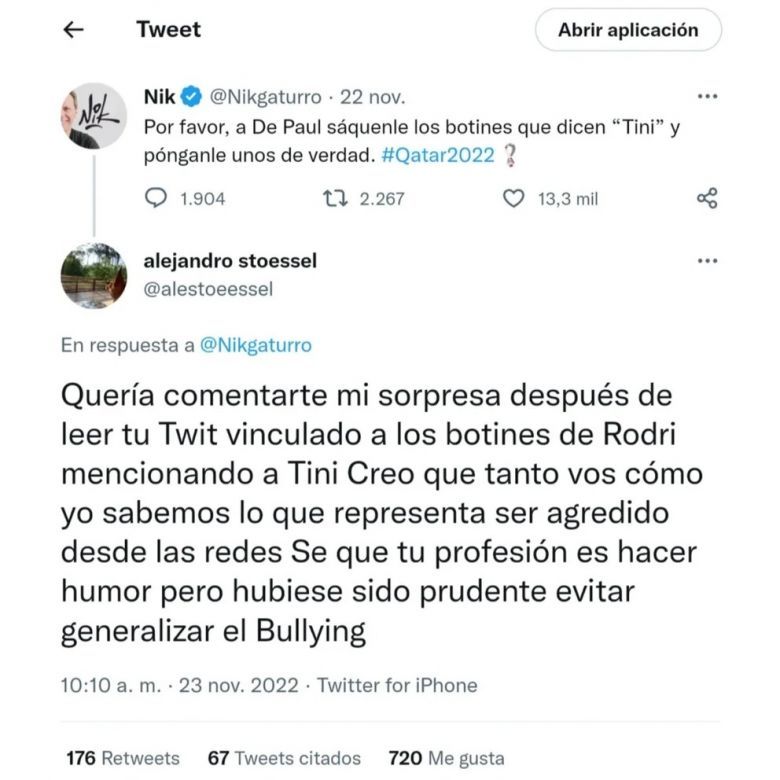 Alejandro Stoessel cruzó a Nik por un tuit referido a Tini