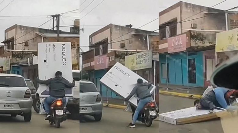 Compró un televisor de 65 pulgadas, lo trasladó en moto y se le cayó