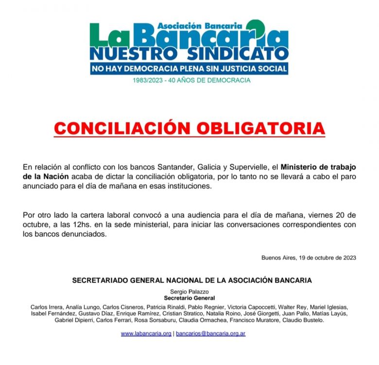 Dictan conciliación obligatoria en el conflicto bancario