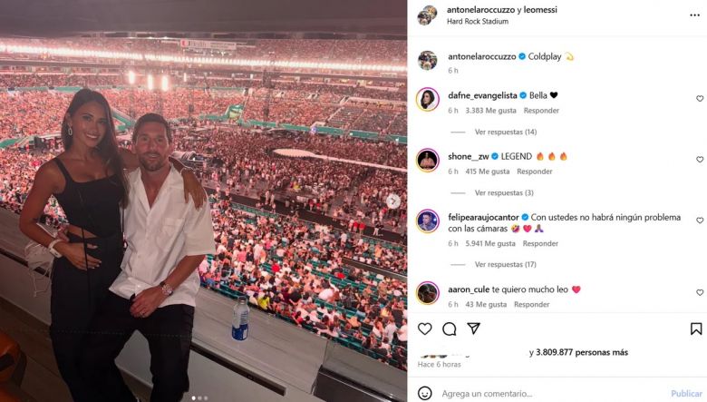 Leo Messi y Antonela Rocuzzo fueron captados por la "kiss cam" de Coldplay en Miami