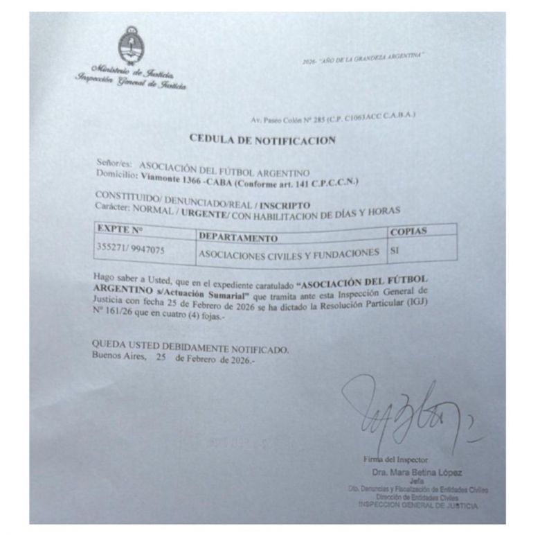 La Inspecci&oacute;n General de Justicia solicit&oacute; la designaci&oacute;n de veedores en la AFA