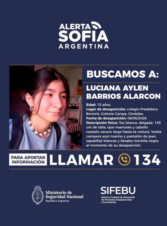 Activan el Alerta Sof&iacute;a para encontrar a Luciana, la adolescente desaparecida en Colonia Caroya