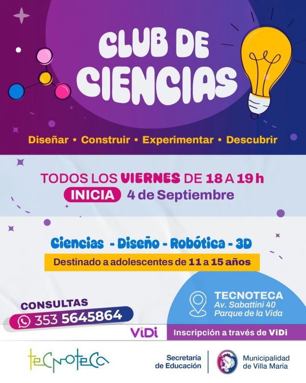 El Municipio de Villa Mar&iacute;a lanza el Club de Ciencias para adolescentes en la Tecnoteca
