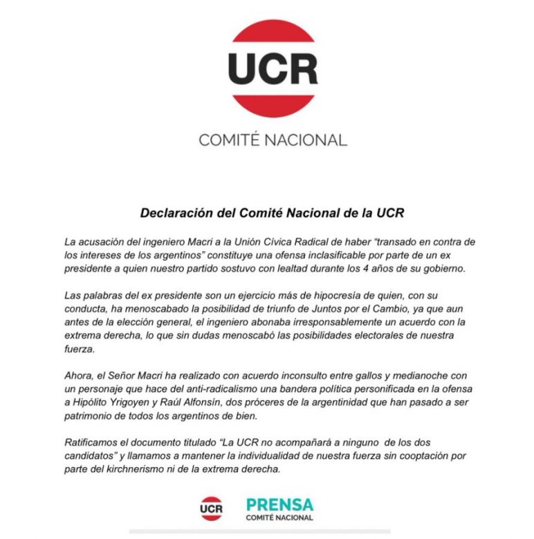 La UCR lanzó un fuerte comunicado contra Mauricio Macri 
